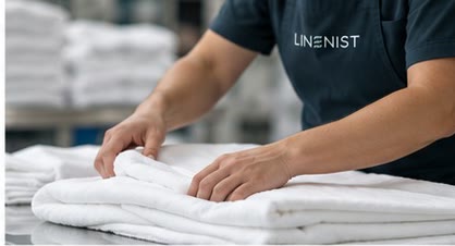 A Linenist team member folding fresh white linen